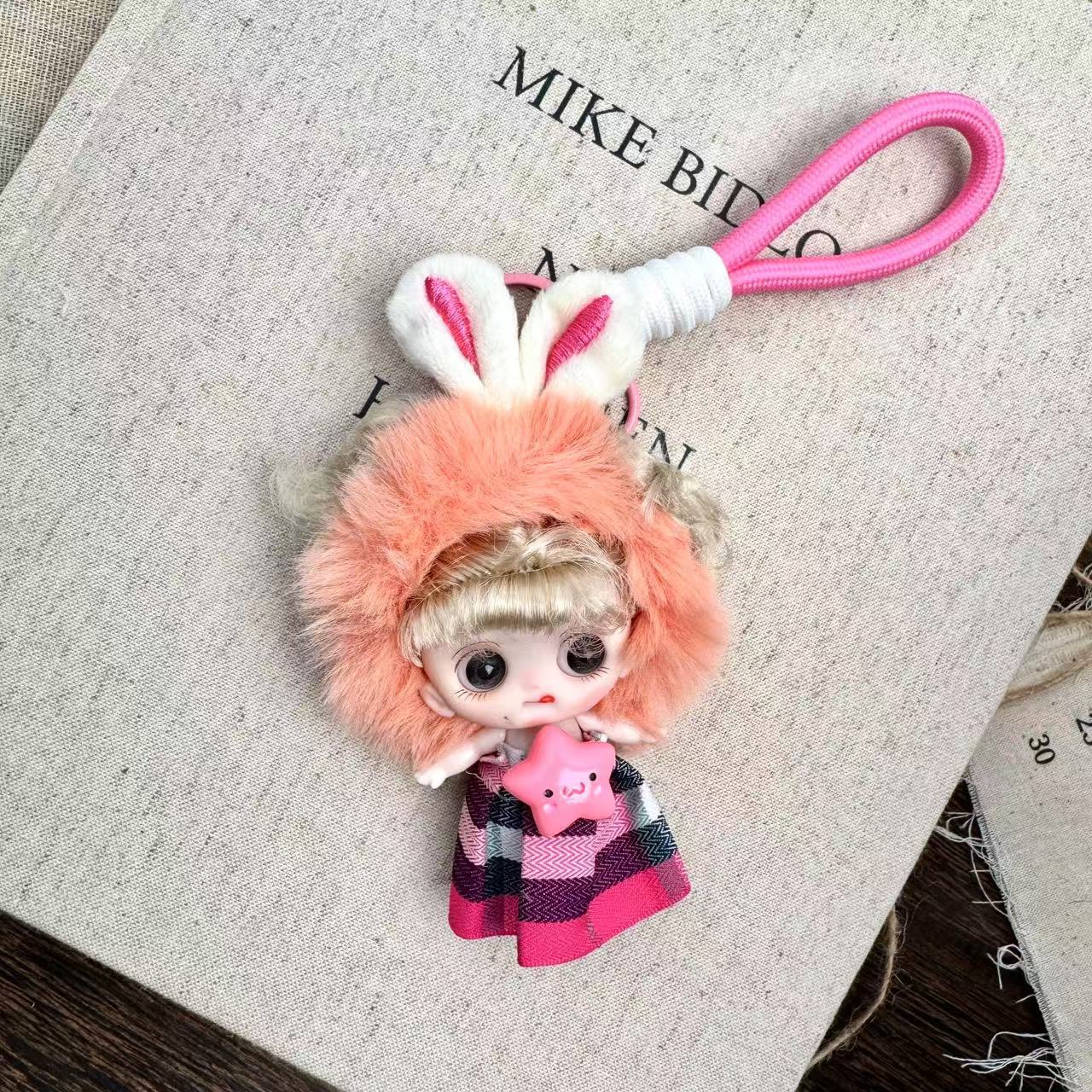 

Cute Fluffy Animal Head Covers Lolita Maruko Princess Doll Toy Keychain 1/12 BJD Doll Joints Movable Backpack Decor Pendant Gift