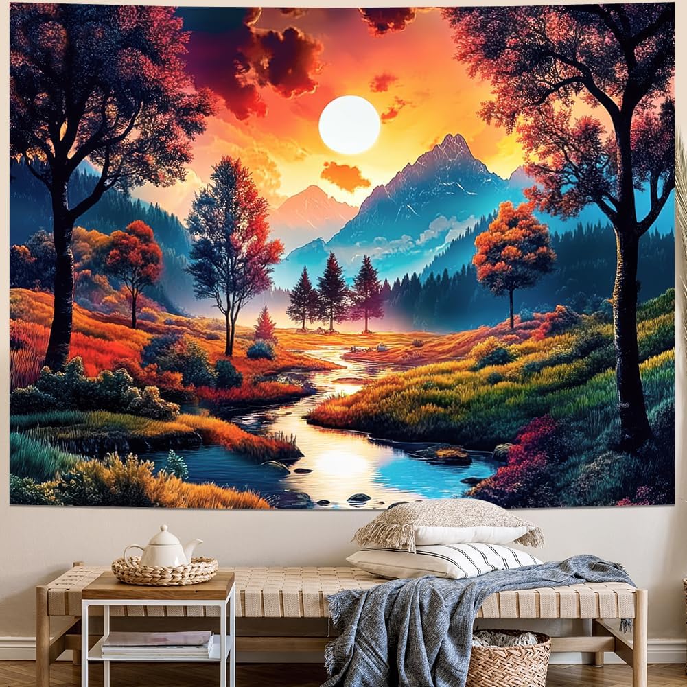 Obsecolors Sun Forest Mountain Tapestry Trippy Sun Tapestry Hippie Nature Landscape Tapestries Aesthetic Sunset Magic River Tapestries Wall Hanging 59.1 L x 51.2 W