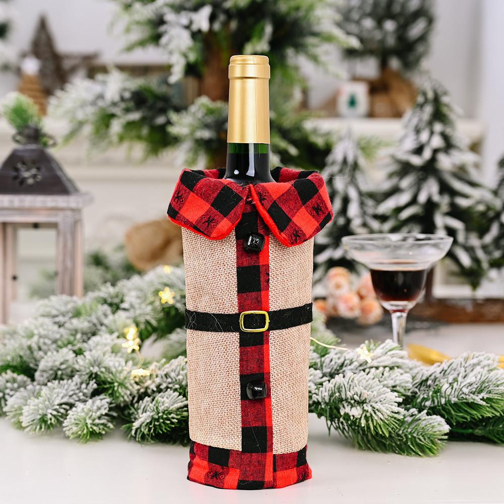 Red Cozy And Black Tartan Wine Bottle Sleeve With Elegant Burlap Bell For Holiday Celebrations
