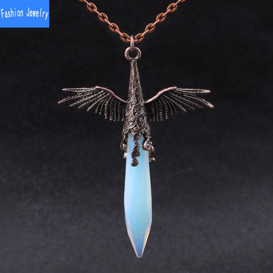 Natural crystal stone faceted hexagonal column retro winged pendant necklace European and American accessories