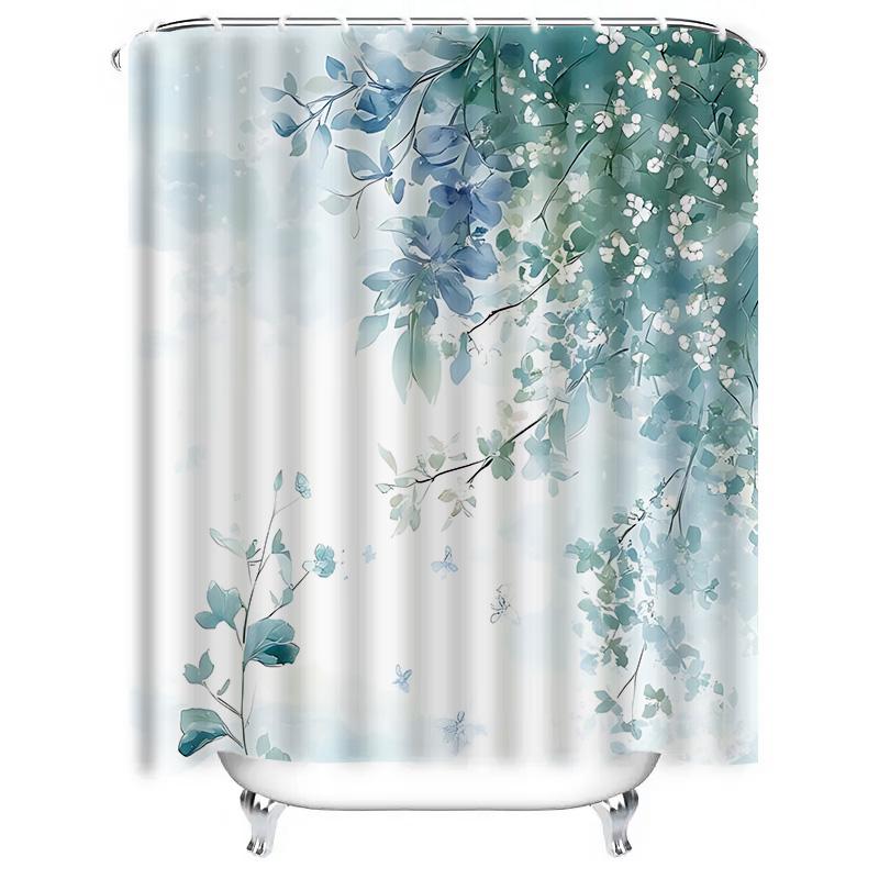 Elegant Blue Floral Shower Curtain With Green Leaves White Blossoms For Bathroom Decor Waterproof Mildew Resistant