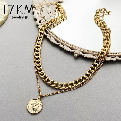 17KM Vintage Multilayer Coin Chain Choker Necklace For Women Gold Silver Color Fashion Portrait Chunky Chain Necklaces Jewelry