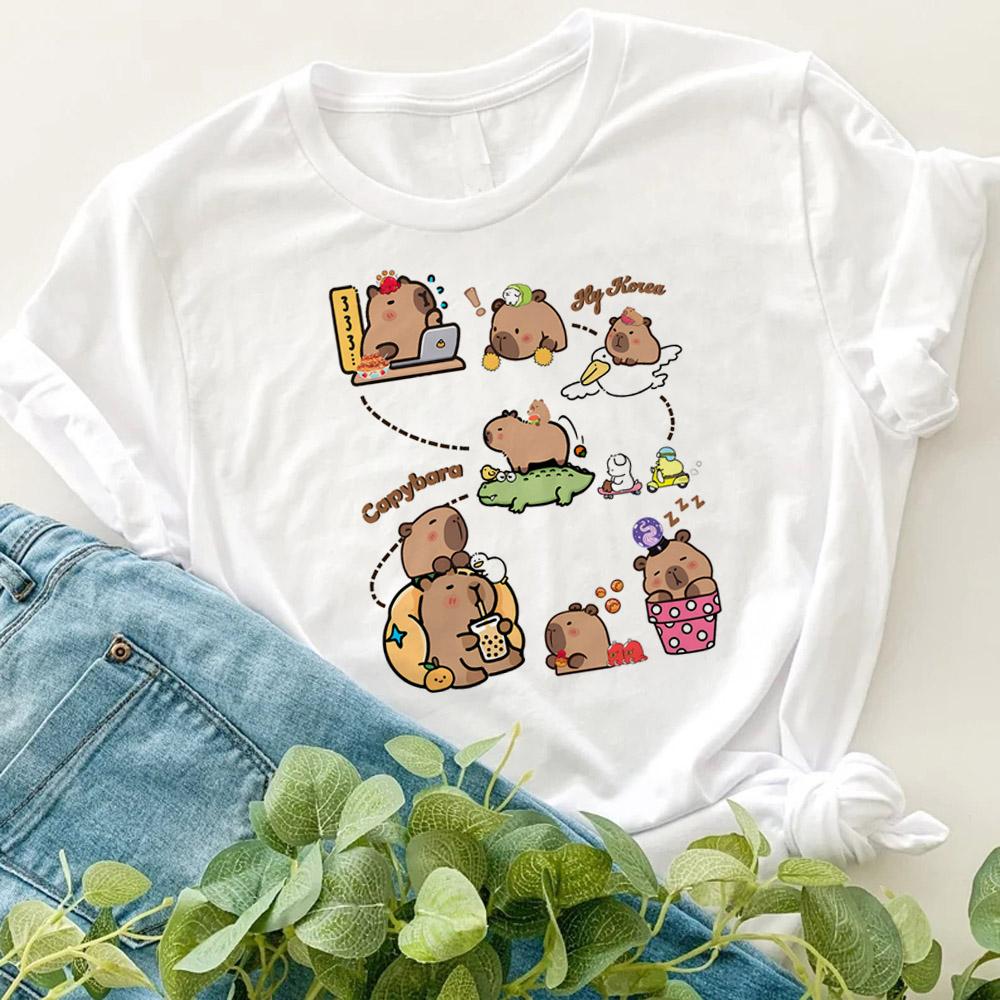 Women Men Capybara Tees Short Sleeved Clothes Boys Girls Round Neck Tops Couple Cute Cartoon Capybara