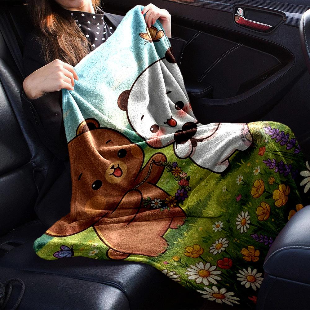 Cute Brown Bear Panda Flower Wreath Meadow Butterfly Print Flannel Blanket Soft Warm Throw Blanket For Sofa Bedroom