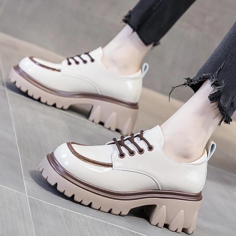 Fashionable Thick Soled High Rise Loafers with Thick Heels Shoes for Women 2025 Autumn Winter New Lace-up Women's Boot