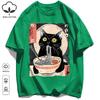 Cat Likes To Eat Noodles And Daydream Design Unisex Retro T-Shirt Casual Cotton Sportwear Loose Hip Hop Clothing Unisex O-Neck Tee