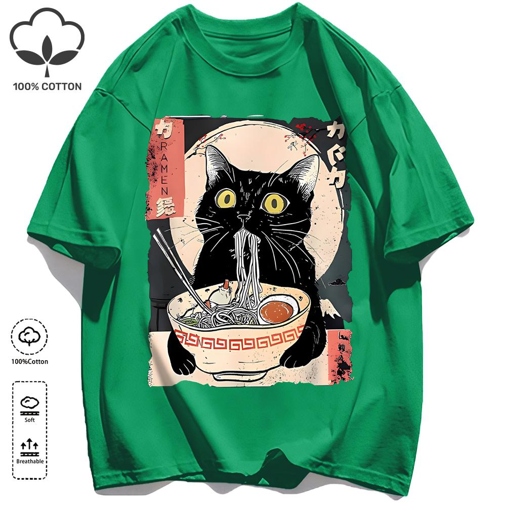 Cat Likes To Eat Noodles And Daydream Design Unisex Retro T-Shirt Casual Cotton Sportwear Loose Hip Hop Clothing Unisex O-Neck Tee
