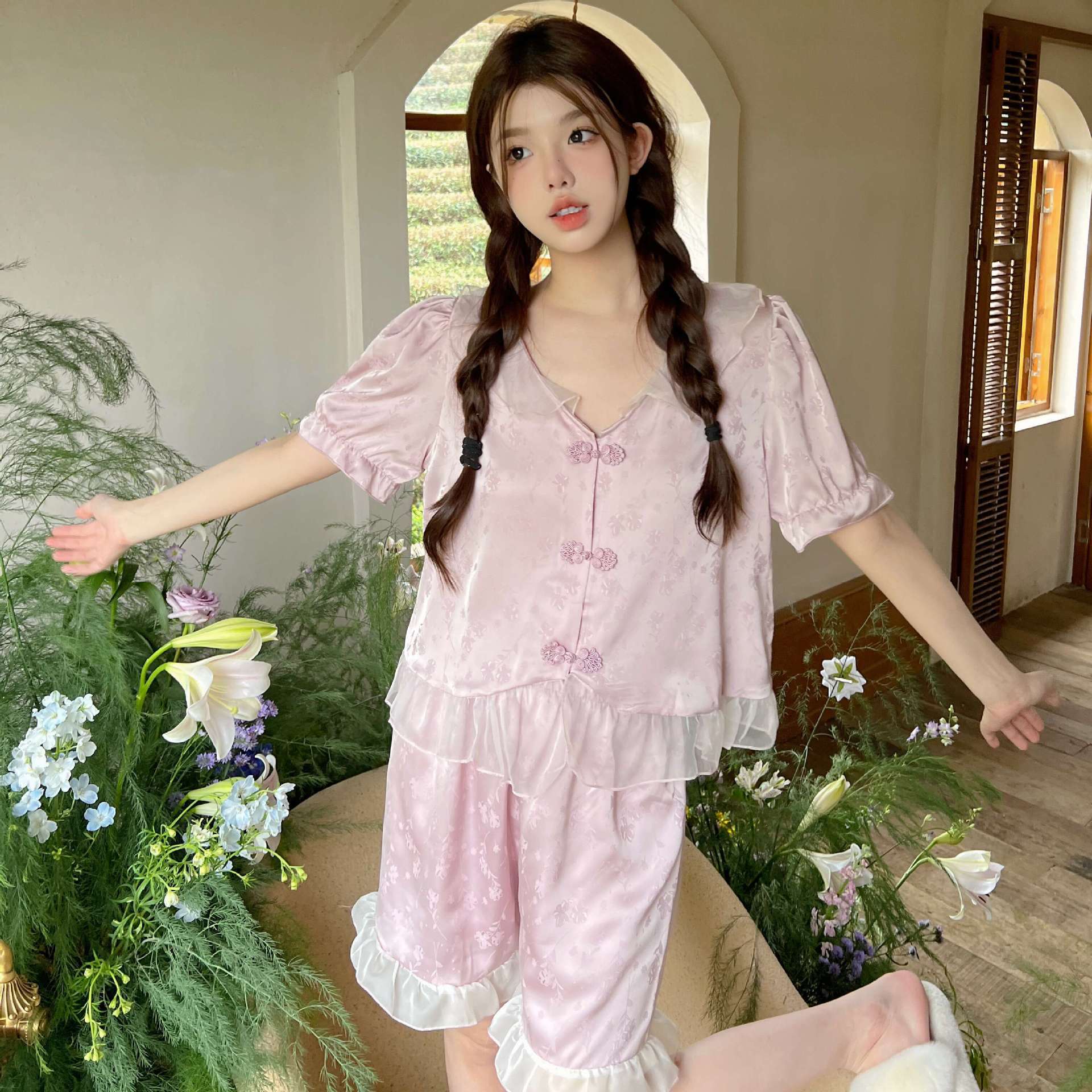 Pajamas Women s Ice Silk Summer Thin New Chinese Sweet Chinese Style Pajamas Short Sleeves Shorts Button Lace Homewear m 40-50kg