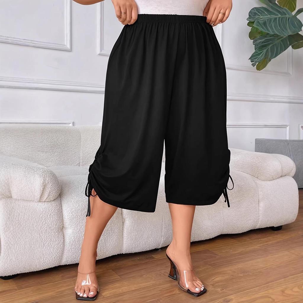 Plus Size Women's Elastic Waist Tie-Waist Pleated Mid-Length Wide-Leg Pants