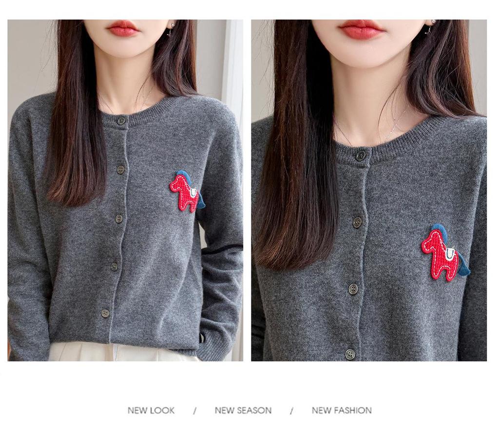 Korean Little Pony Embroidered Round-Neck Red Knit Cardigan: Women's Loose Fit High-End Style Sweater