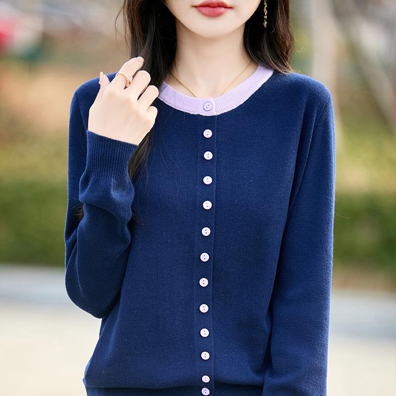 Spring New Color-blocked Round Neck Knitted Cardigan Short Women's Coat Loose Sweater Outer Layer