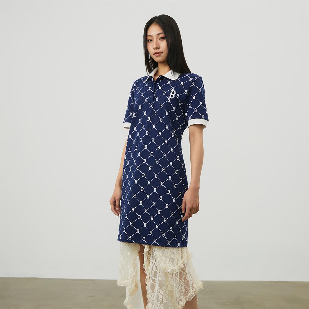 New MLB MONOGRAM Reading Collection Short Sleeved Dress Women's Navy Blue 3FOPM0443-43NYS