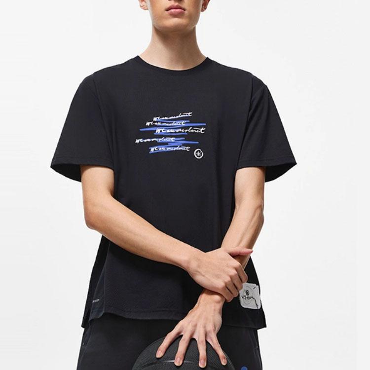 Lining X Salventius Collaboration Wade Series Letter Print Loose Short Sleeve T-Shirt Unisex Tops Black AHST339-1