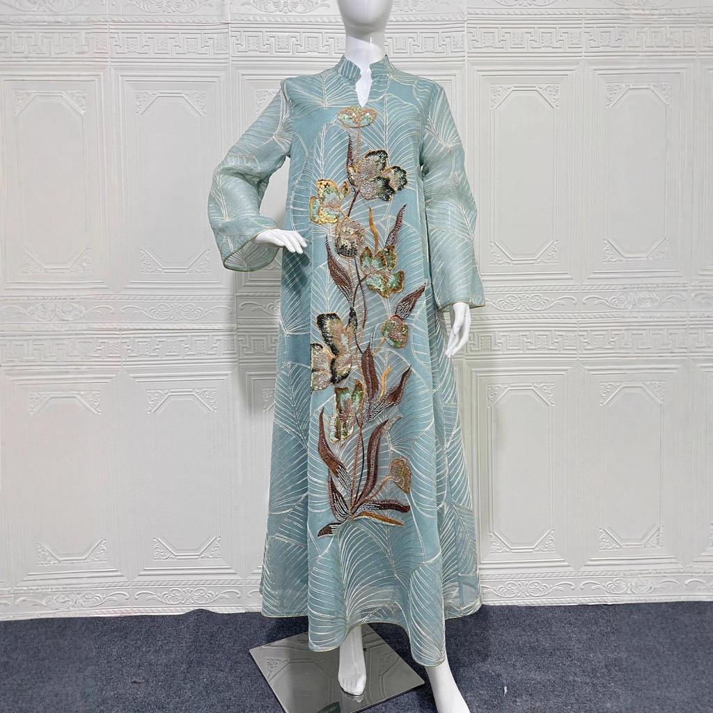 NC132 Embroidered Mesh Abaya Dress - Dubai Style