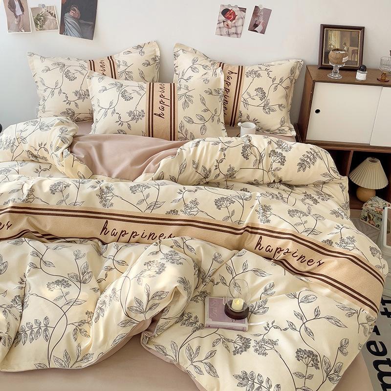 Class A Maternal And Infant Grade Small Fresh Pure Cotton Abraded 4Pcs Set, Skin-Friendly Bed Sheet Washed Cotton Quilt Cover, Dormitory 3Pcs Set