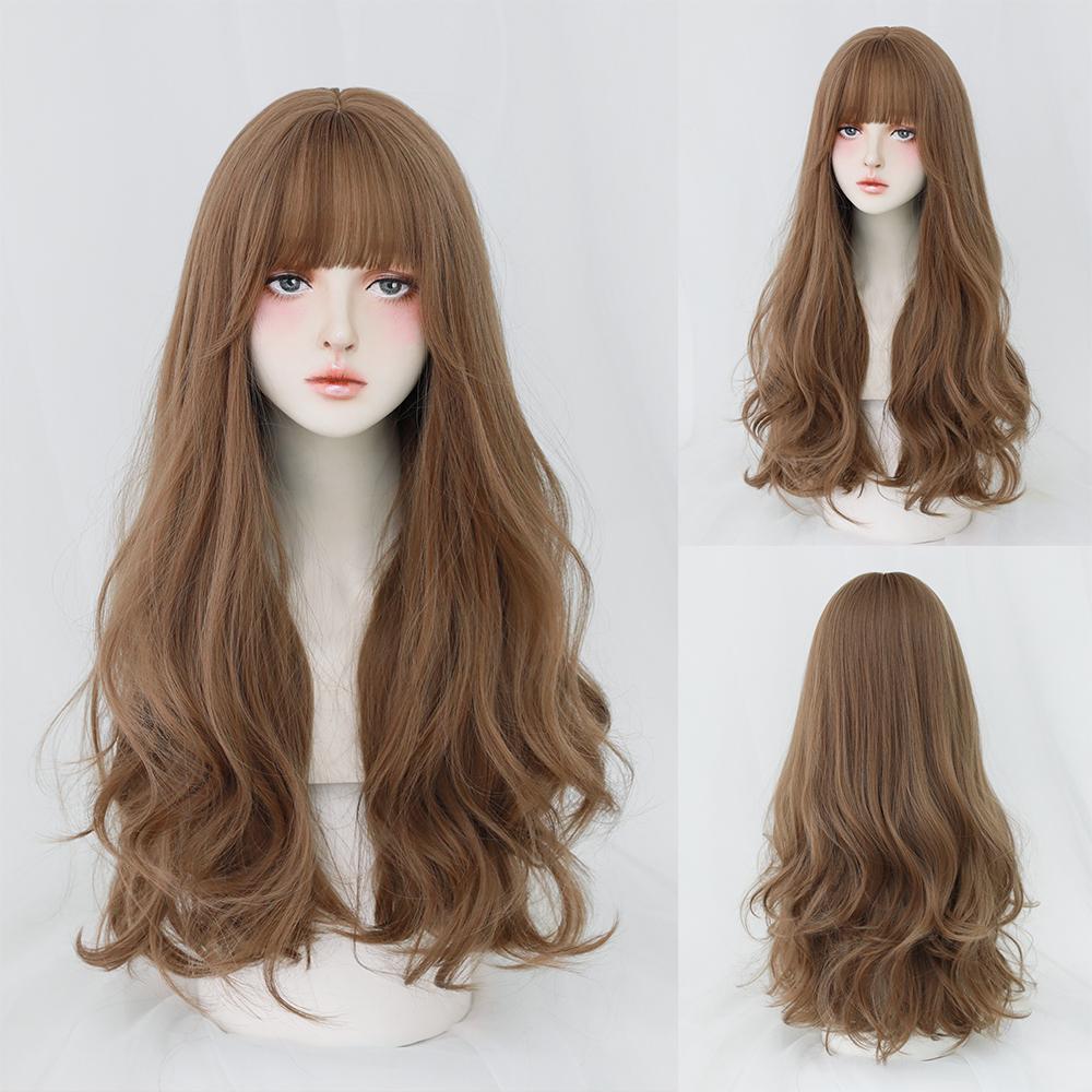 Lange Lockige Haare Damen Perücke mit Pony Täglich Braun Schwarz Rosa Lolita Cosplay Geflochtene Perücken Hitzebeständige Faser Party Kunsthaar