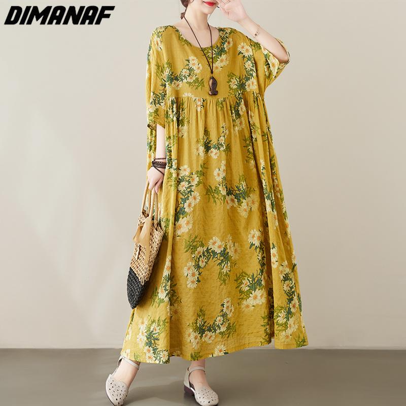 

DIMANAF Женское платье больших размеров 2023, новое летнее стильное свободное платье, базовые платья с цветочным принтом, новый желтый цвет