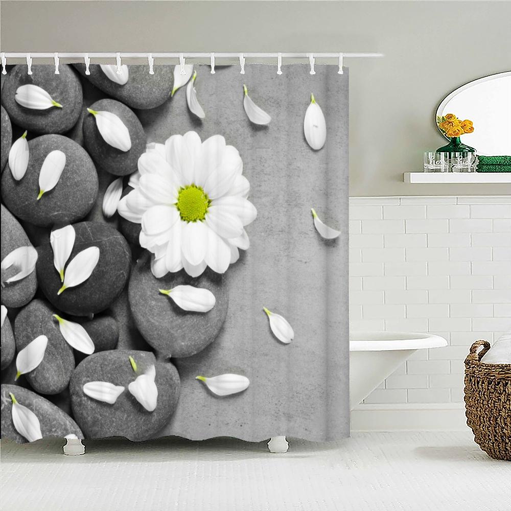 Beautiful Colorful Flower Printed Shower Curtains Frabic Zen Stone Floral Waterproof Polyester Bath Curtain With Hooks 180X180cm