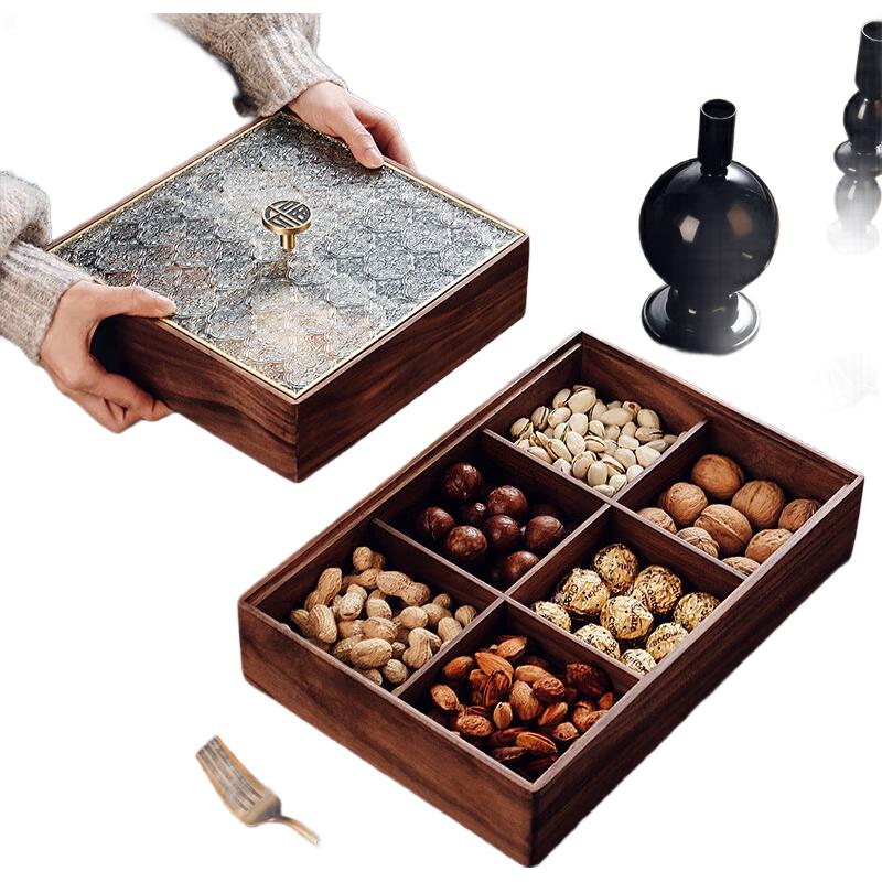 Gnas New Chinese Style Walnut Compartmented Snack Tray
