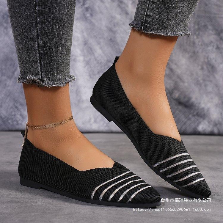 2025 spring and summer new large size flying woven shoes women's flat bottom pointed single shoes women's shallow mouth single shoes foreign trade