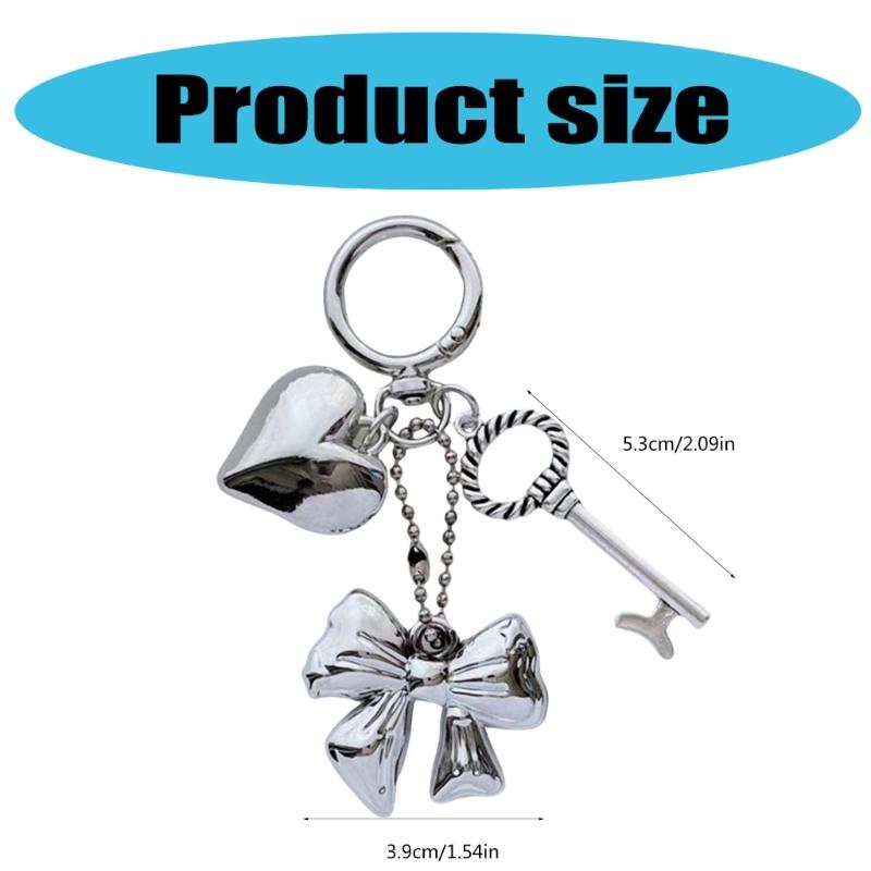 Elegant Heart Phone Bag Accessory Fashionable Silver Bowknot Keychain with Heart Charm Unique Keyrings Accessory
