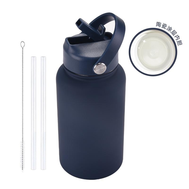 

Thermos Cup 650Ml Ceramic Coated Liner, Portable With Straw Water Cup Outdoor Sports Kettle 650ml индиго