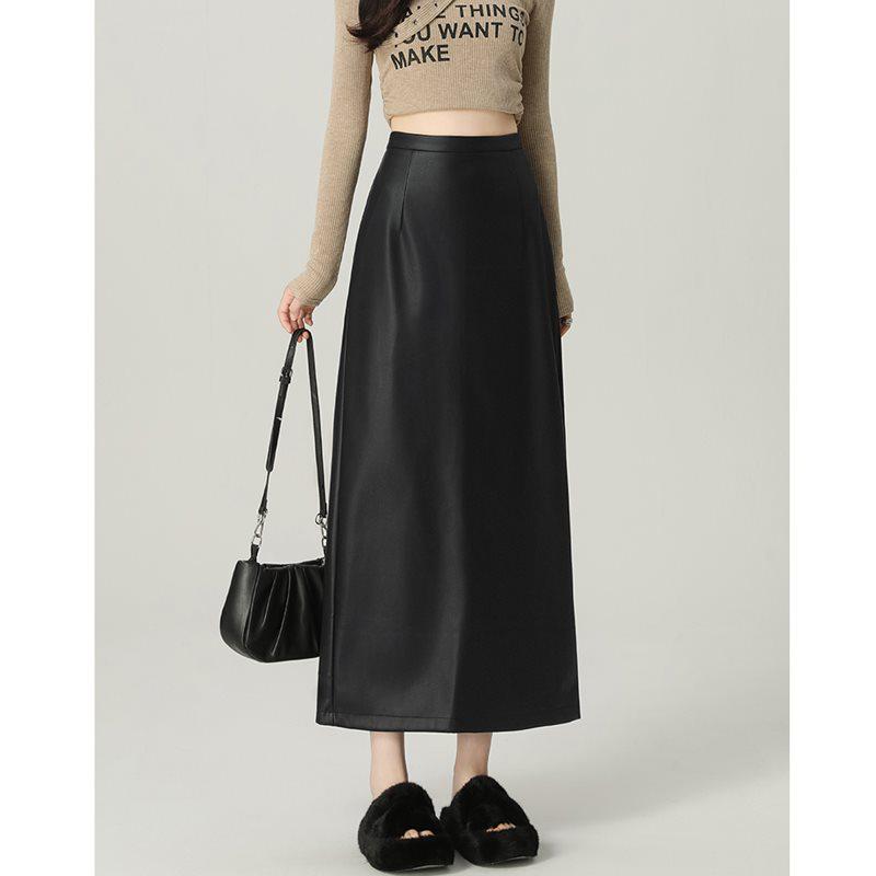 Schwarzer Damen Midirock mit hoher Taille aus PU-Leder - Figurbetonend A-Linie Bodycon mit Schlitz