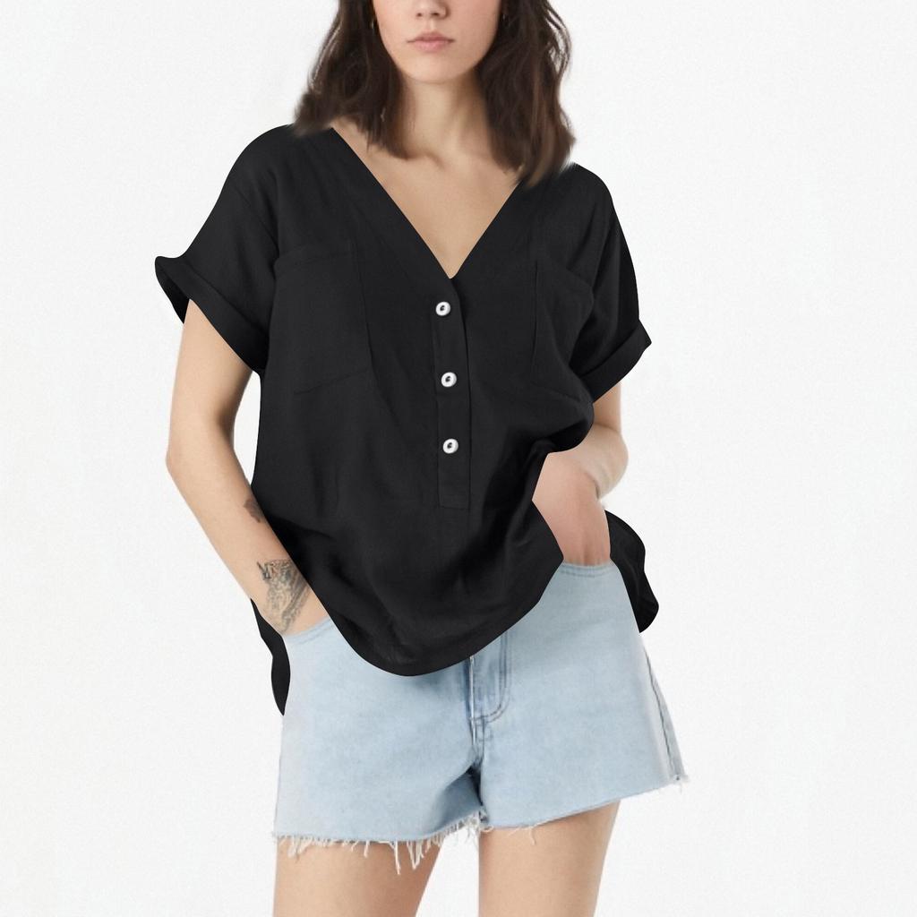 Women's Solid Color Vintage Loose V Neck Thin Cotton Linen Tops Pullover Tops