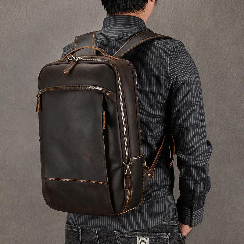 Retro Backpack Double Zipper Main Bag Leather Backpack Large Capacity Mad Horse Leather Outdoor Travel Bag Leisure Computer Bag