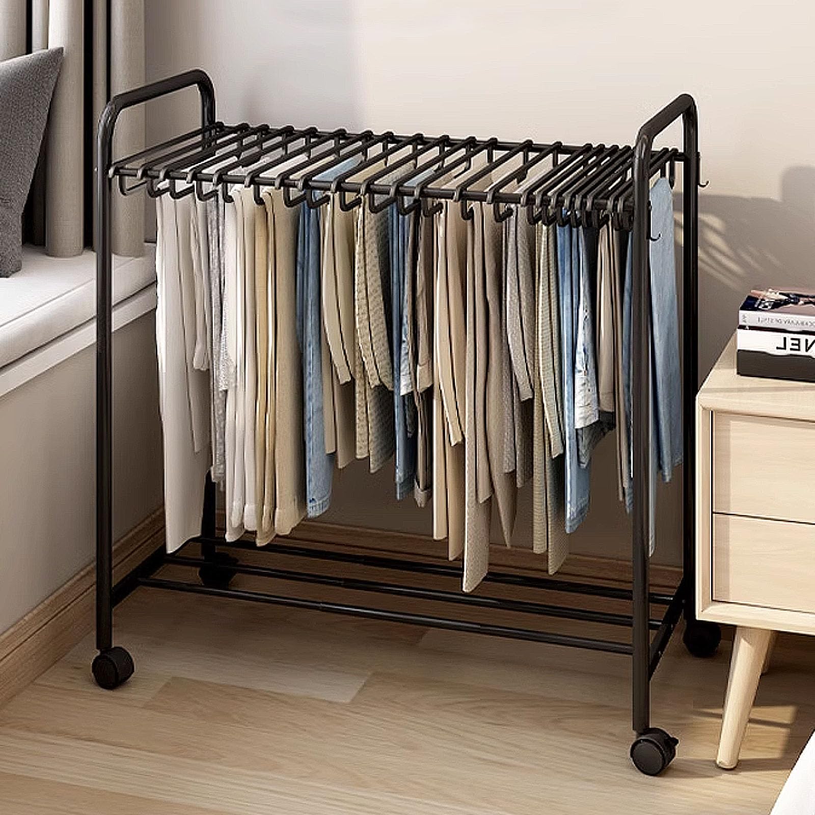 

Выдвижная вешалка для брюк, вмещающая 30 предметов одежды, с черными колесиками, Брюки, Хранение, Стопор, чёрный