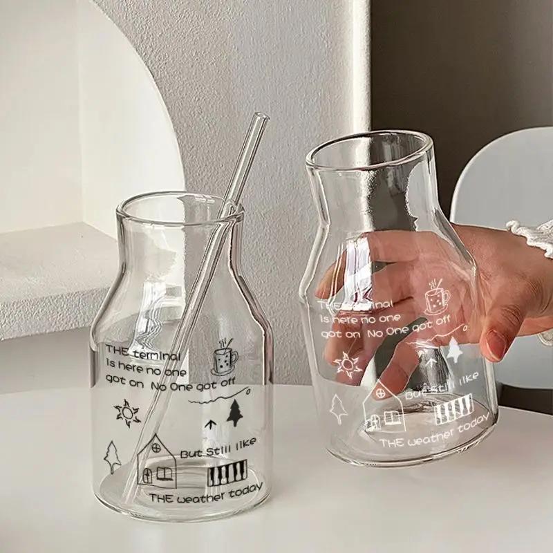 Simple Line Graffiti Glass,650ml Cold Brew Coffee Cup Large Capacity Water Glassware Office Milk Juice Drinkware Gifts