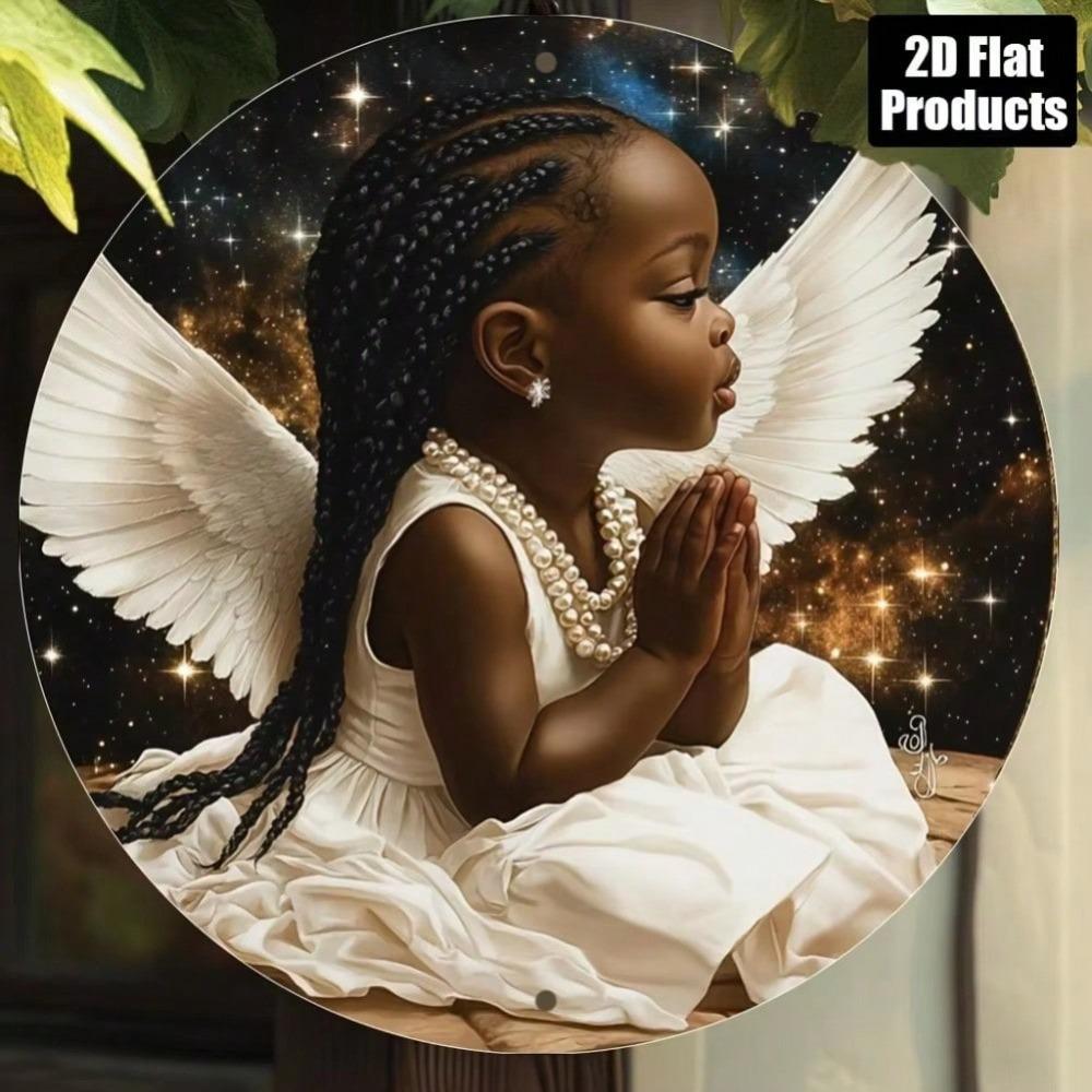 Vintage Angel Tin Sign Art Round Wall Decor 8x8 Inch White Wings Pearl Necklace Gift for Friend Home Living Room