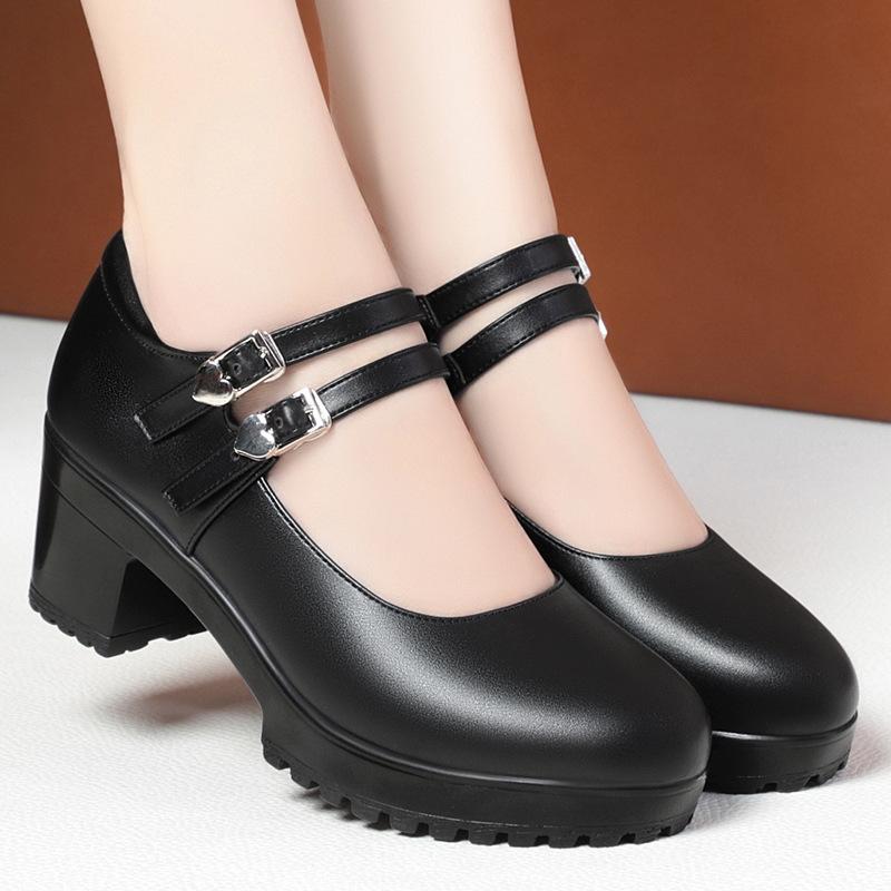 fashion Vintage Shallow Soft Leather Shoes Block High Heels Mary Jane 2024 Thick Platform Pumps For Office Mom Elegant Wedding Party