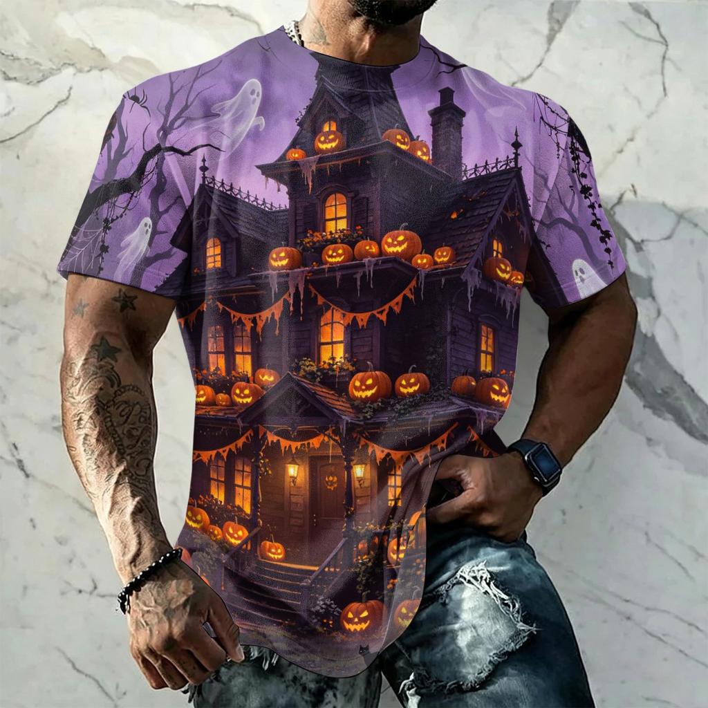 Men's Halloween Printed Retro Texture Short Sleeve T-Shirt, Loose Fit Breathable Summer Streetwear Top