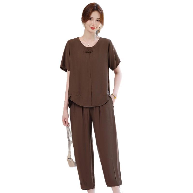Plus Size Summer Two-Piece Set for Mothers - Loose, Short Sleeve, National Style Fashion for Middle-Aged & Elderly Women