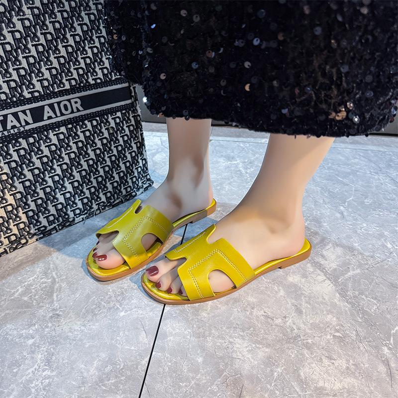 

Women s Leather Flat Slides Casual Open-toe Slip-on Slippers 41 жовтий