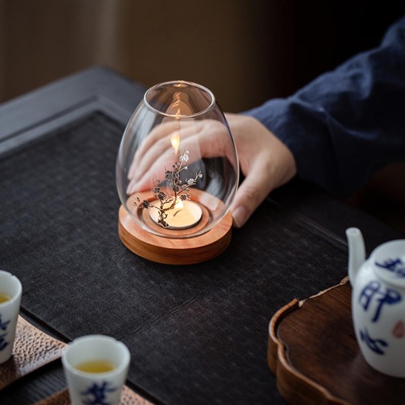 Windproof Candle Shade Cover Candle Shade Cover with Wood Base Home Decorations