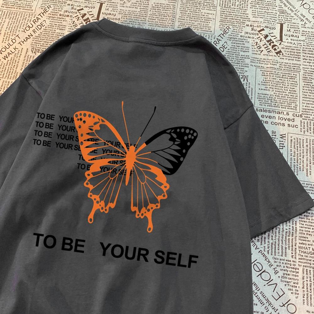 To Be Yourself A Butterfly Tshirts Men Women Oversize Vintage Sweat T Shirts Loose Cotton T-Shirts Cartoon Summer Tee Clothes