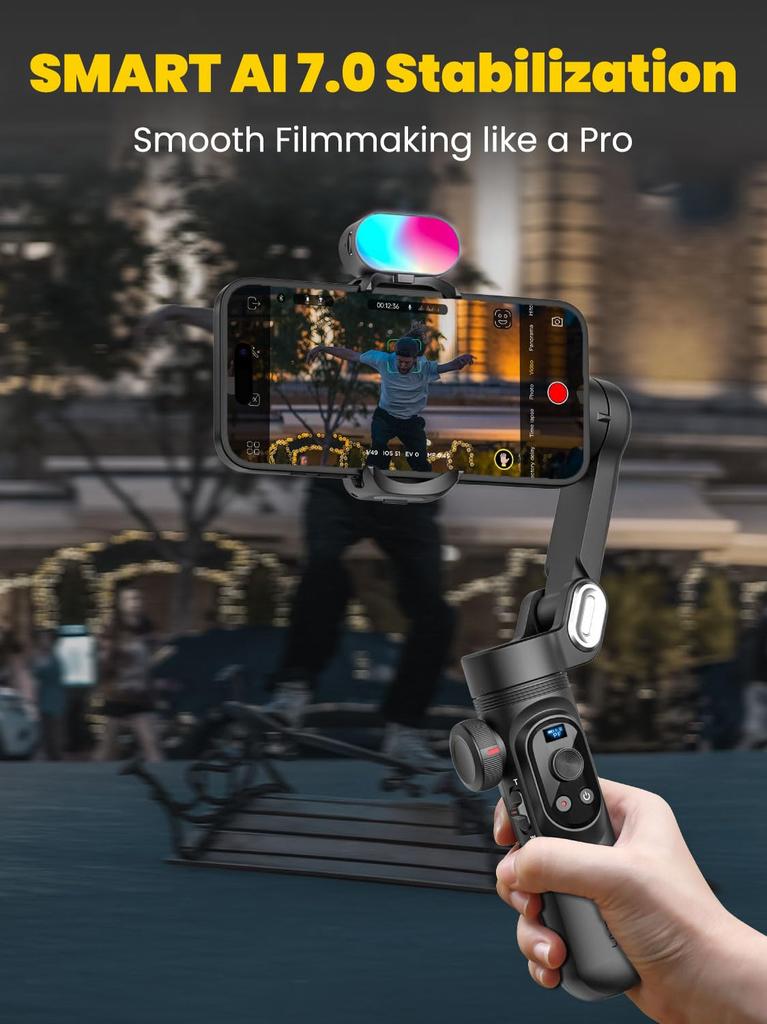 AOCHUAN Smartphone Gimbal Stabilizer Kit with OLED Focus and RGB Light for Video Professional Gimbal for iPhone 15 and Android X Pro Combo 3-Axis