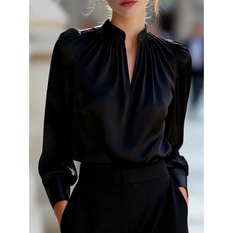 2026 Satin Stand Collar Blouse With Puffed Sleeves Long Sleeve Womens Office Wear