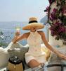 Flat-topped French Style Summer Straw Hat  Elegant Ladies Seaside Travel Sun Hat Bow Ribbon Flat Top Wide Brim Straw Hat Sombre