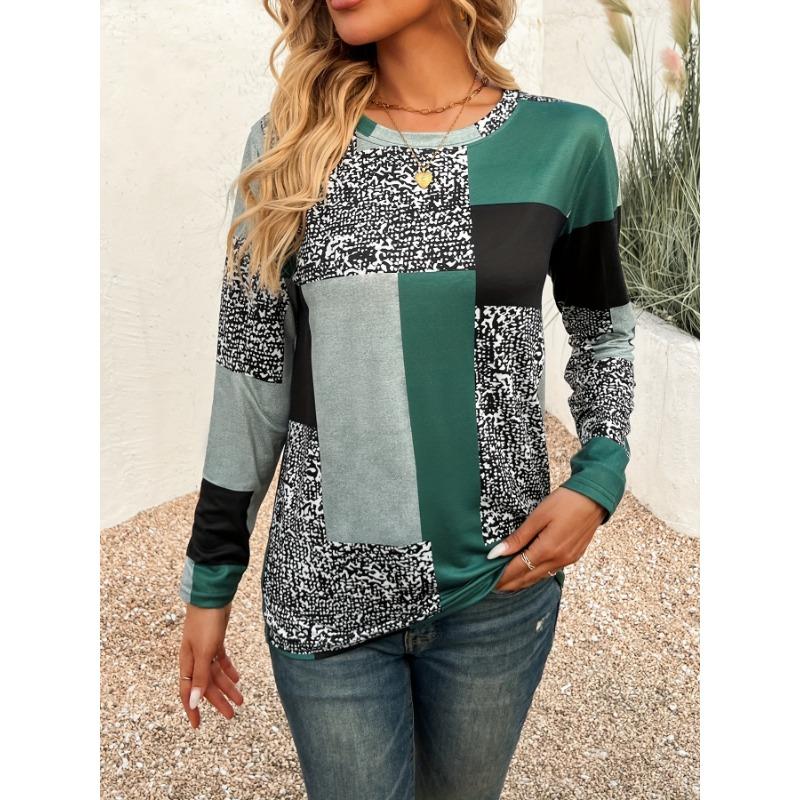 Ladies' Casual Geometric Digital Printed Long Sleeved T-shirt, Fashionable Casual Clothing