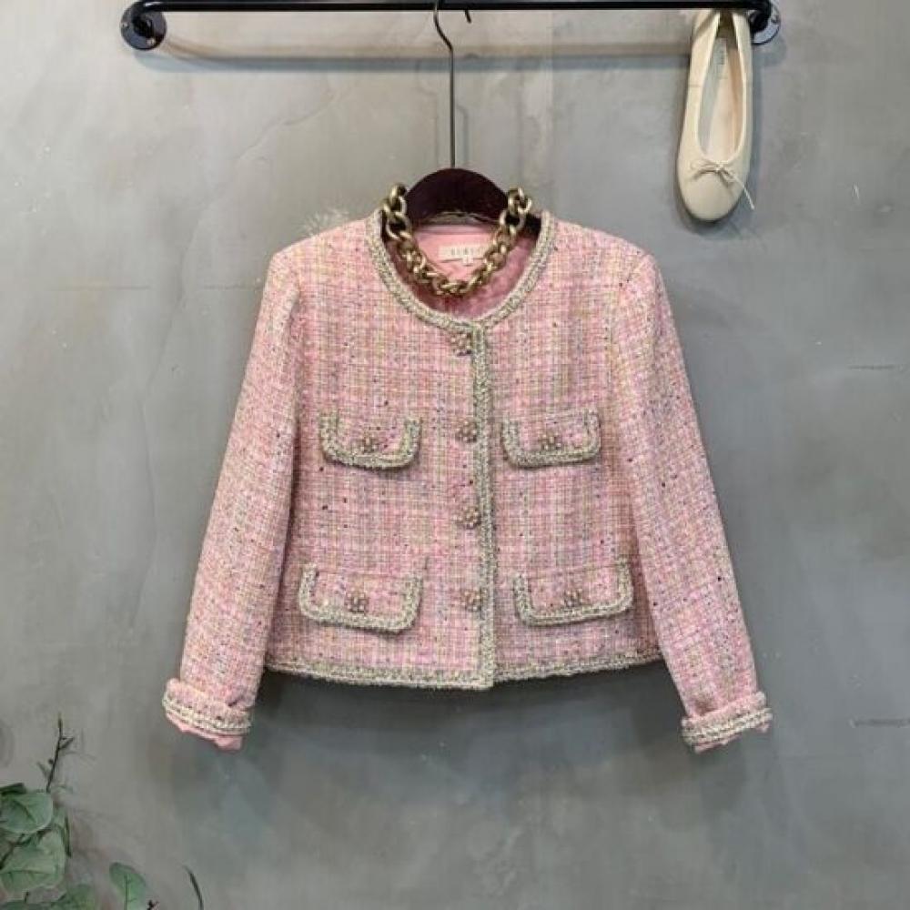 C S In The Room Nogi Shoulder Pad Tweed Pearl Button Glitter Long Sleeve jaCket