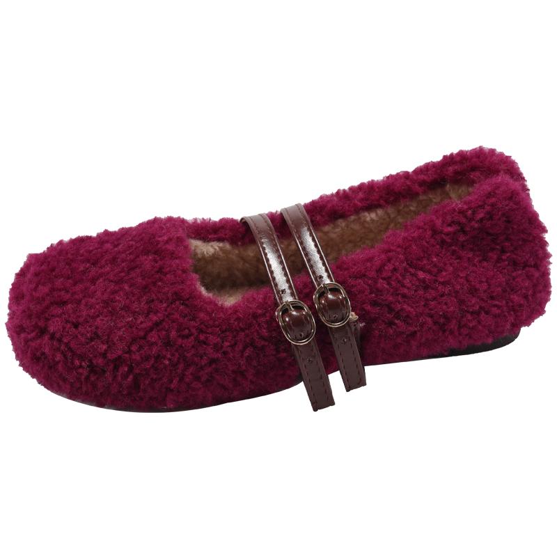 

Модная плоская обувь Осень Новая Круглый носок Неглубокий вырез Один ремешок Замша Мягкая подошва Нескользящая Износостойкая Хлопковая обувь 40 вино красного