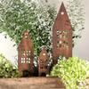 Rustic Metal Garden Stakes Set of Three Castle House Silhouettes Outdoor Decorative Yard Art for Planters and Lawn Display