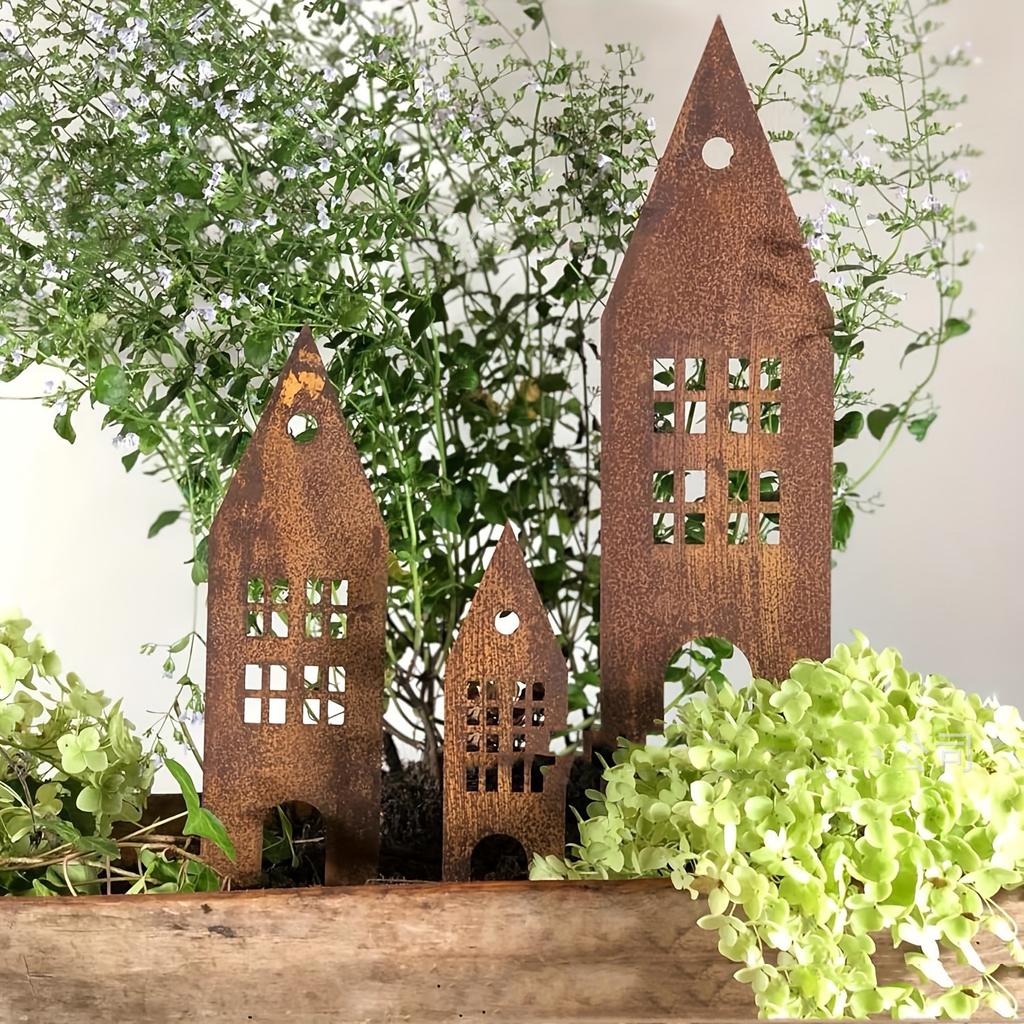 Rustic Metal Garden Stakes Set of Three Castle House Silhouettes Outdoor Decorative Yard Art for Planters and Lawn Display