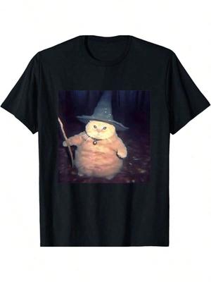 Wizard Cat Weird Funny Halloween Cat Meme T-Shirt Gifts For Women Family Printed T-Shirts High Street Hip Hop Style T-Shirt