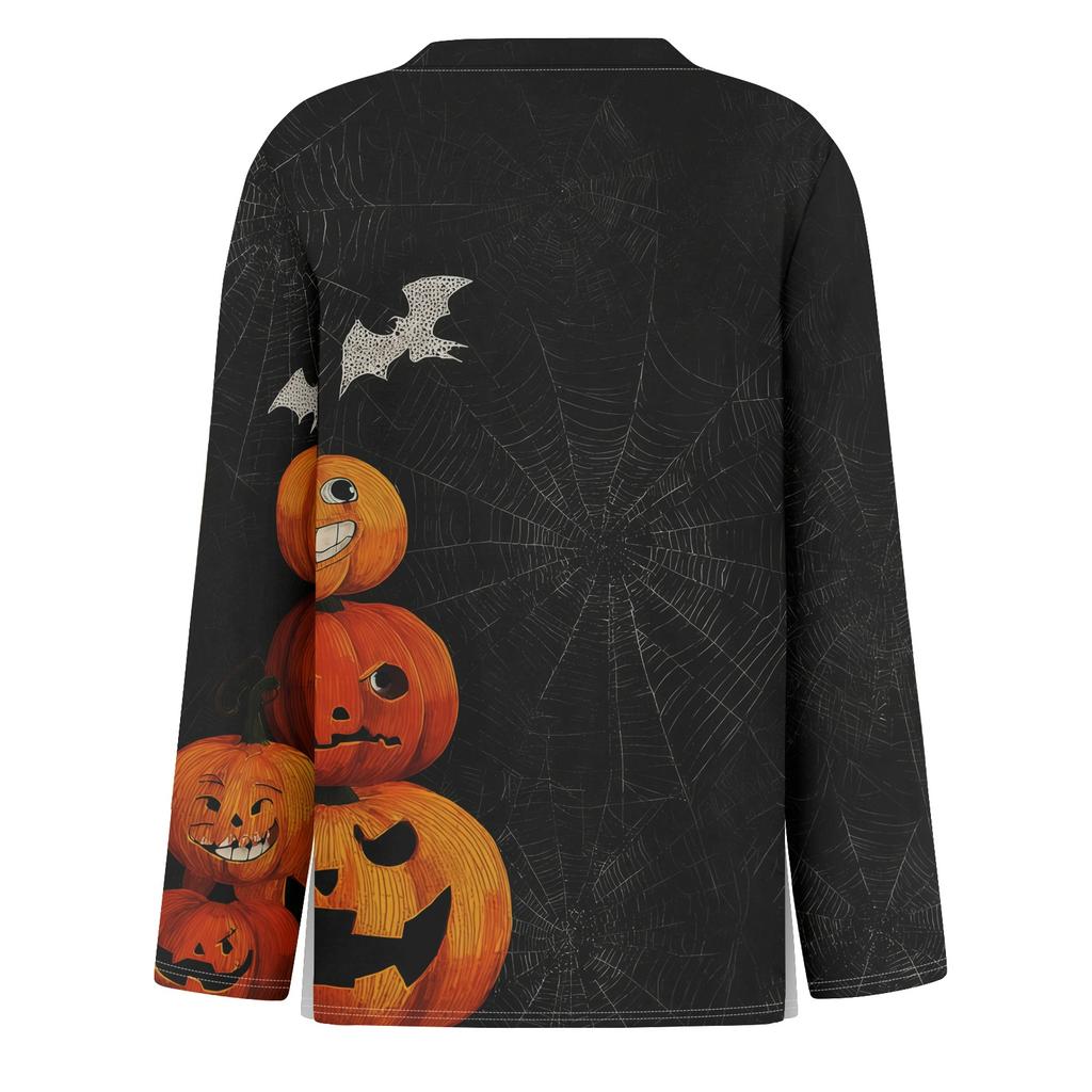 Women's Long Sleeve Round Neck Top with Halloween Print and Side Slit Hem for Casual Holiday Wear