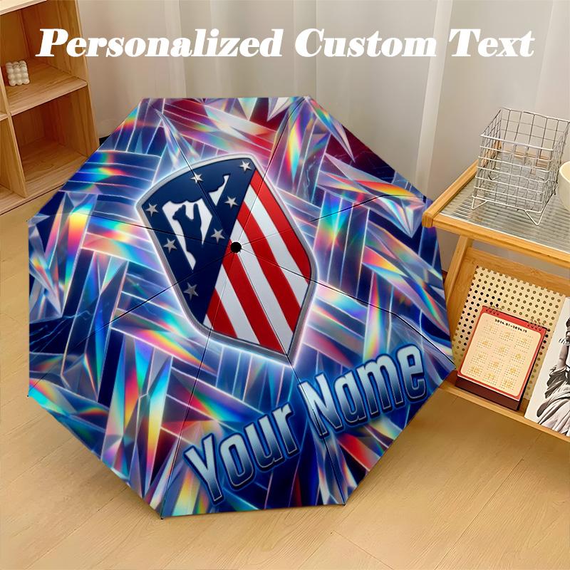 8 Rib Auto Folding Umbrella Atletico Madrid Print Custom Name Text Portable Rain Gear