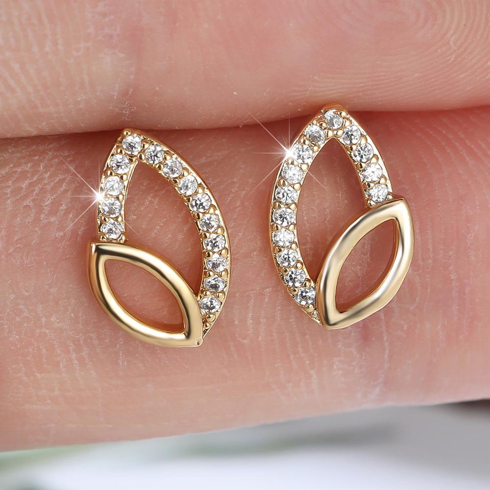 Simple Gold Color Leaf Shaped Stud Earrings for Women Fashion Zircon Jewelry Gift